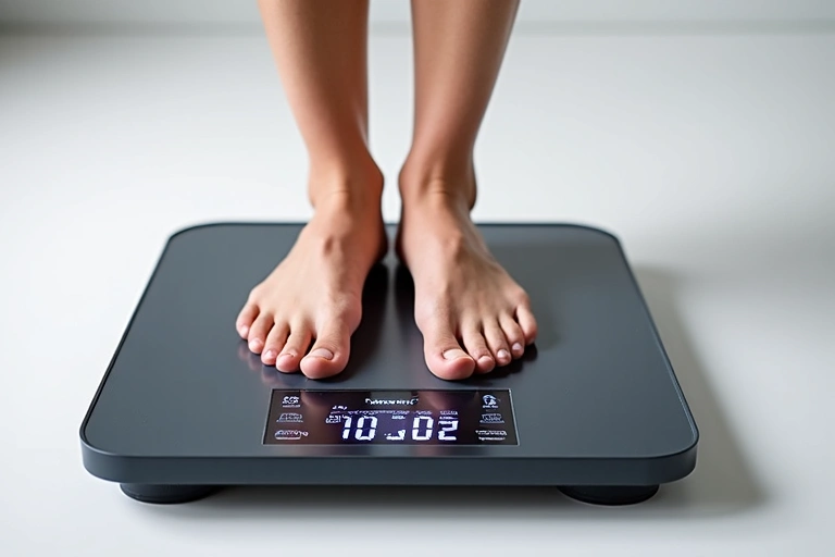 Osoba stojąca na wadze analitycznej, z widocznymi wynikami na ekranie